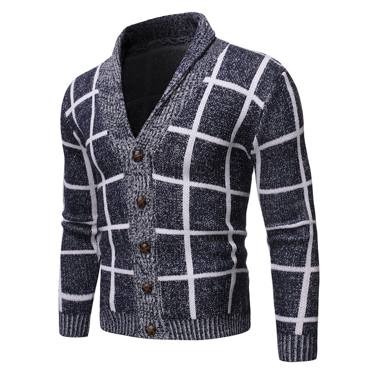 Herren modische Strickjacke mit V-Ausschnitt und modernem Karomuster Drune