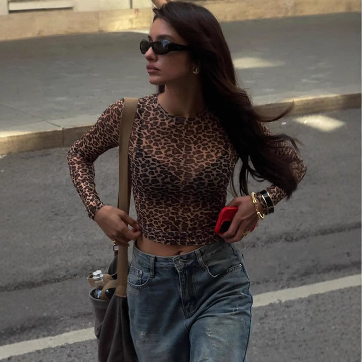 Damen Modisches, figurbetontes Langarm-Crop-Top mit Leo-Muster Drune