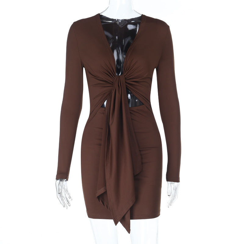 Damen figurbetontes Wickeloberteil-Kleid mit langen Ärmeln und seitlichen Cut-Outs Drune
