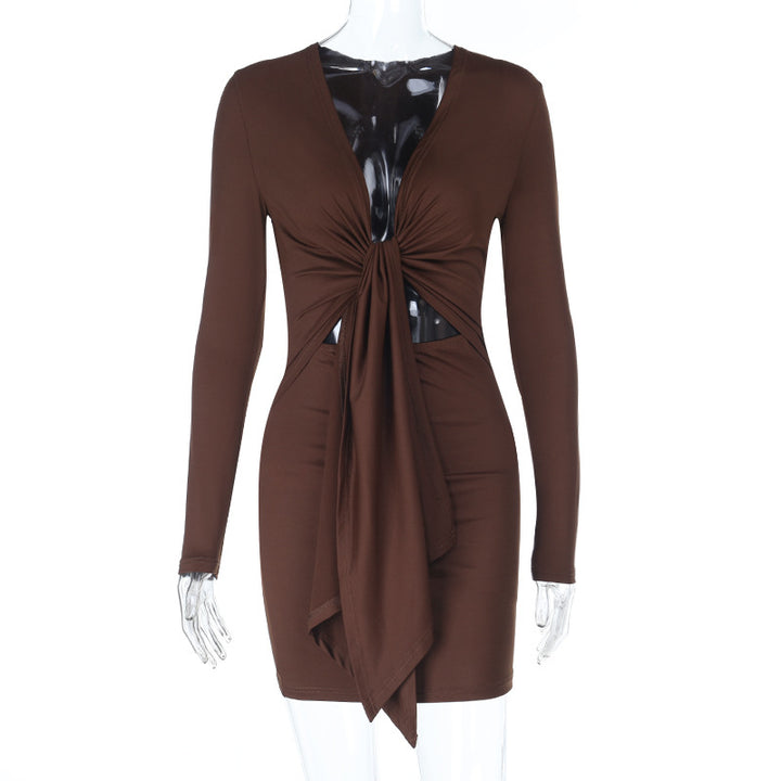 Damen figurbetontes Wickeloberteil-Kleid mit langen Ärmeln und seitlichen Cut-Outs Drune