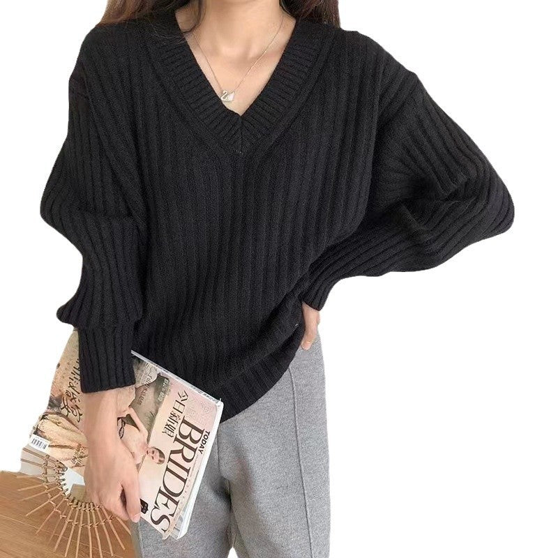 Damen V-Ausschnitt Pullover mit Rippstruktur Drune