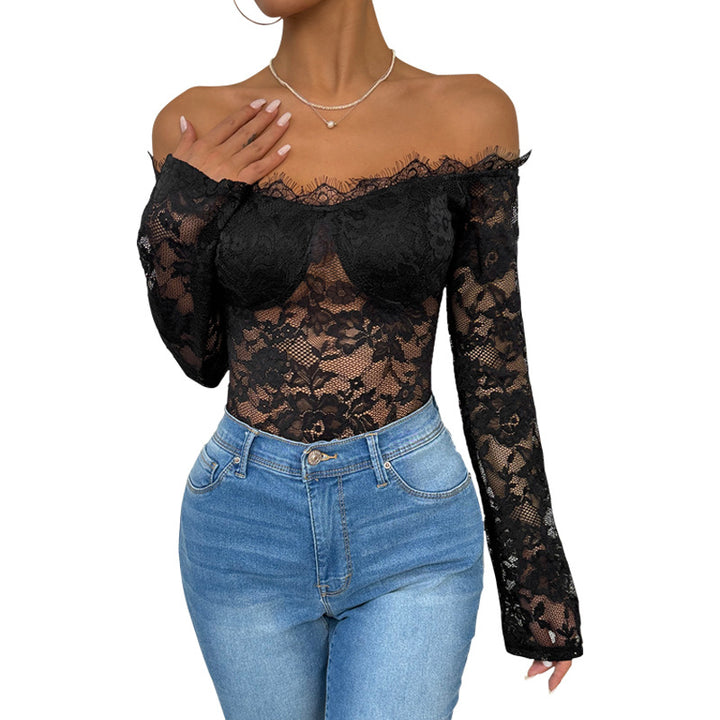 Damen Spitzenbody mit Off-Shoulder-Ausschnitt und langen Ärmeln Drune