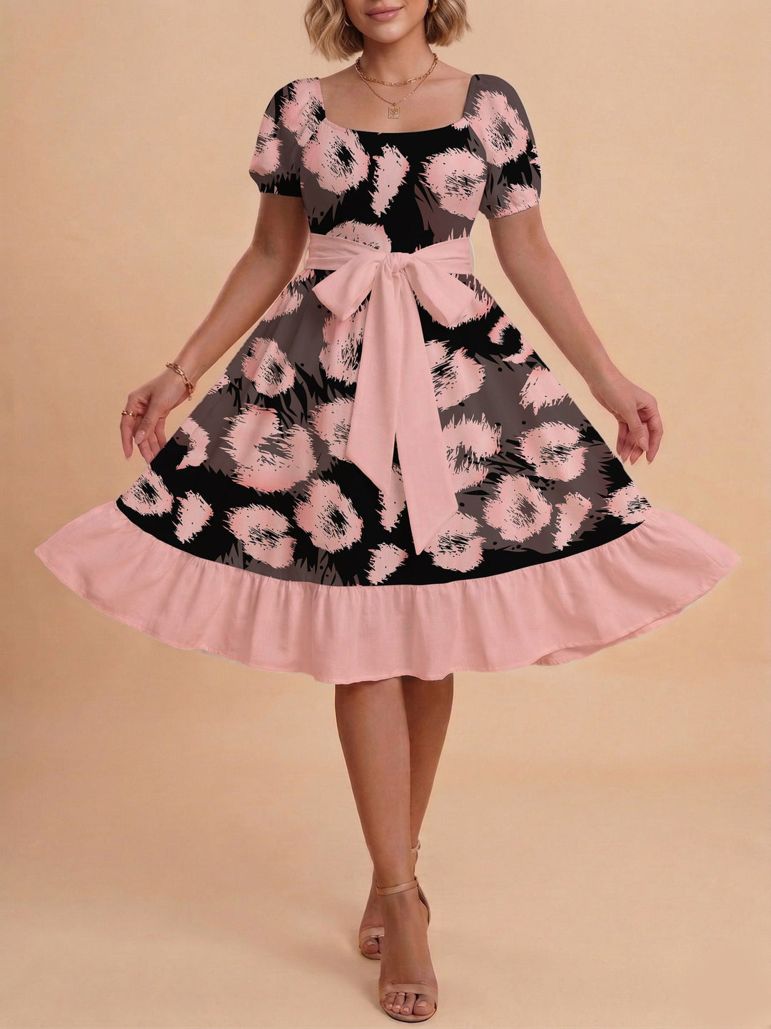 Damen Sommerliches Blumenkleid mit taillierbarem Gürtel und voluminösen Ärmeln Drune