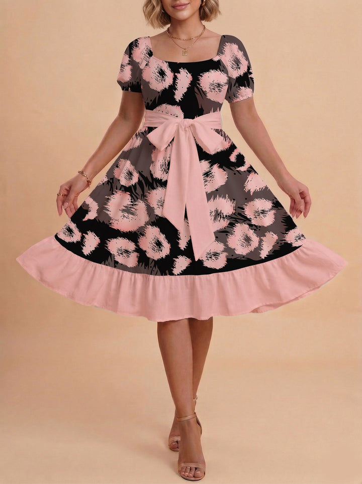 Damen Sommerliches Blumenkleid mit taillierbarem Gürtel und voluminösen Ärmeln Drune