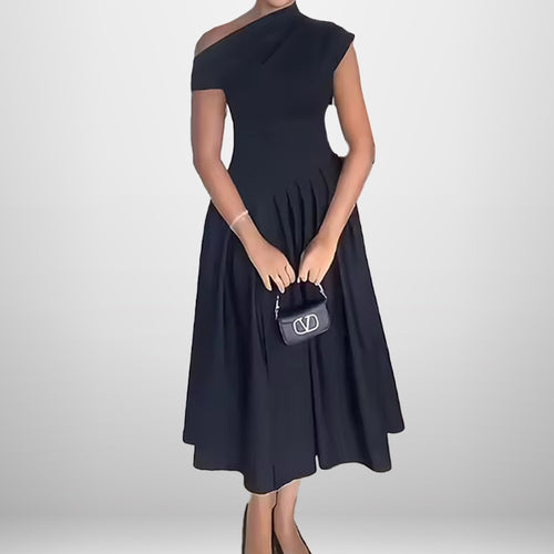 Damen Elegantes Maxi-Kleid mit asymmetrischem Ausschnitt und schwingendem Rock Drune