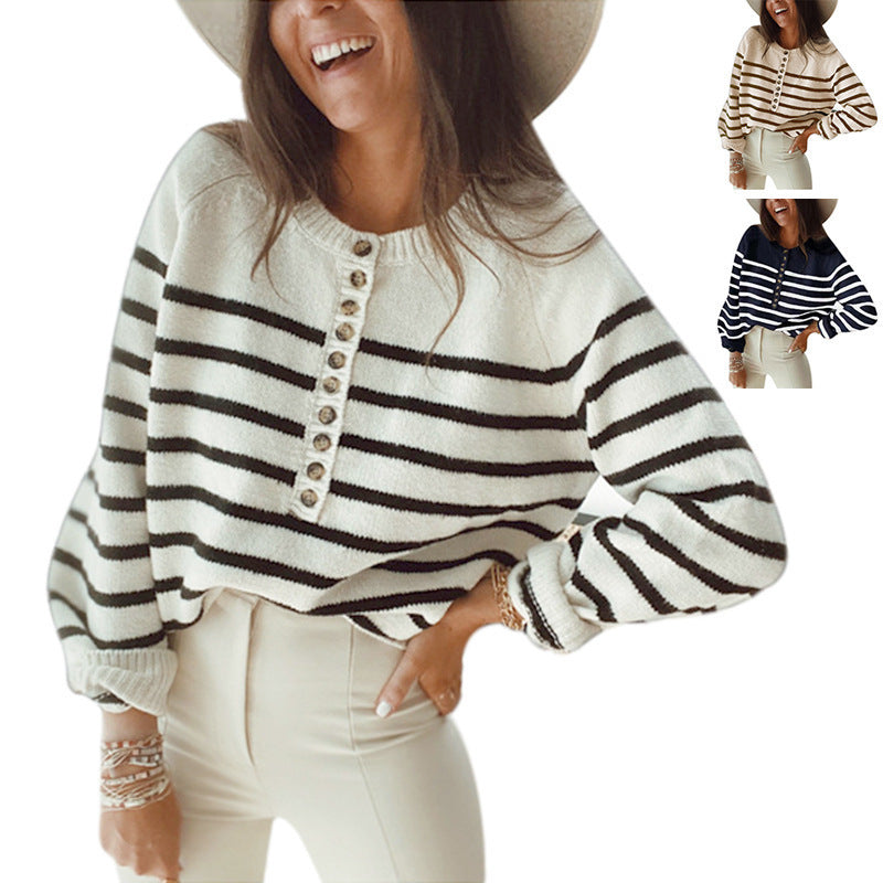 Damen lockerer Strickpullover mit Knopfdetails und Streifenmuster Drune