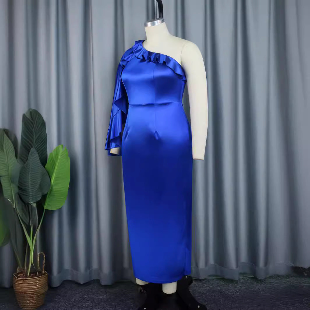 Damen elegantes Maxikleid mit asymmetrischem Rüschendesign Drune