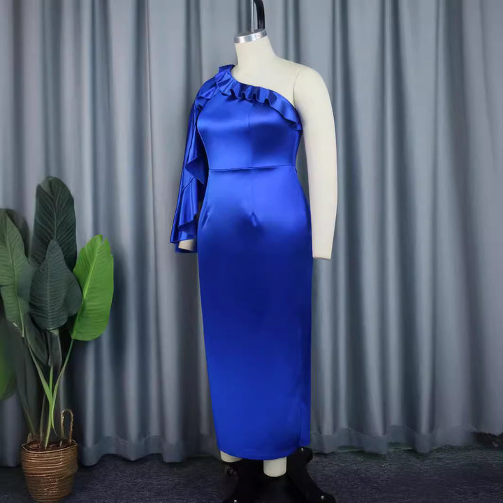 Damen elegantes Maxikleid mit asymmetrischem Rüschendesign Drune