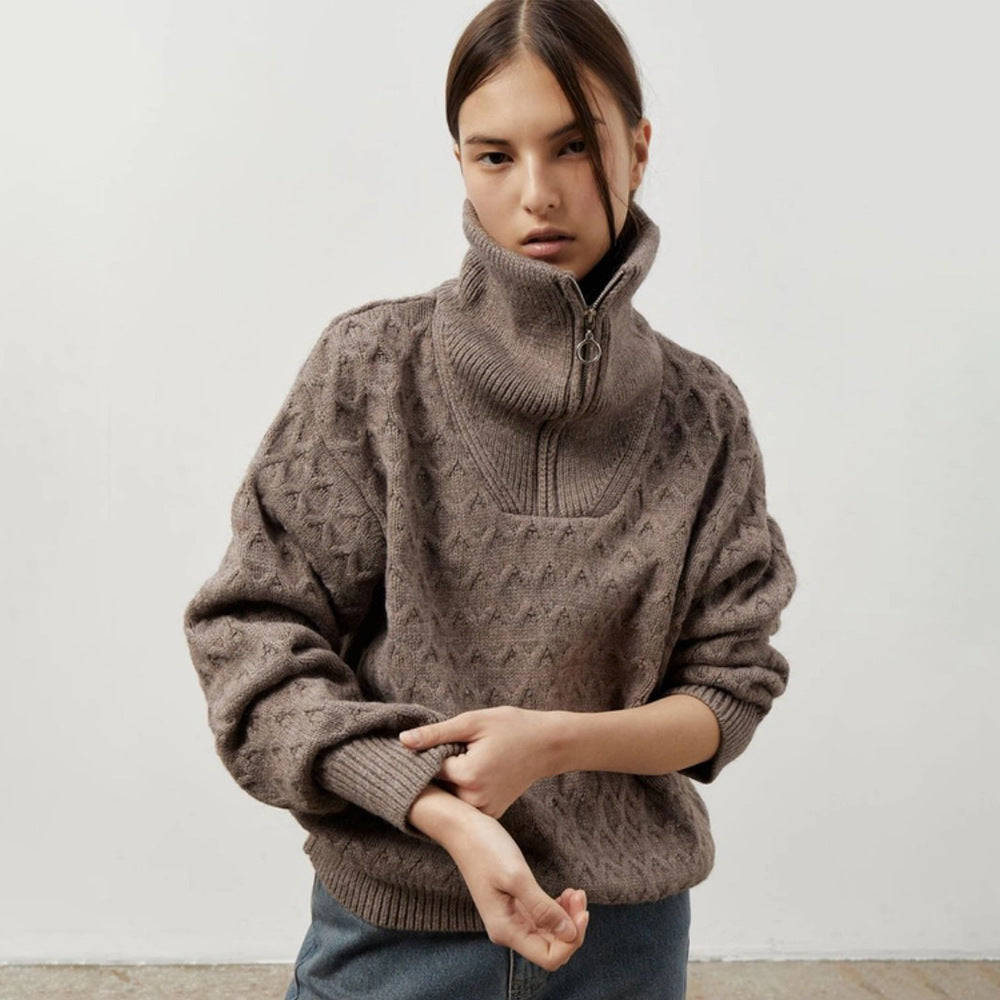 Damen Sportlicher Stehkragenpullover mit Zipper und Struktur Drune