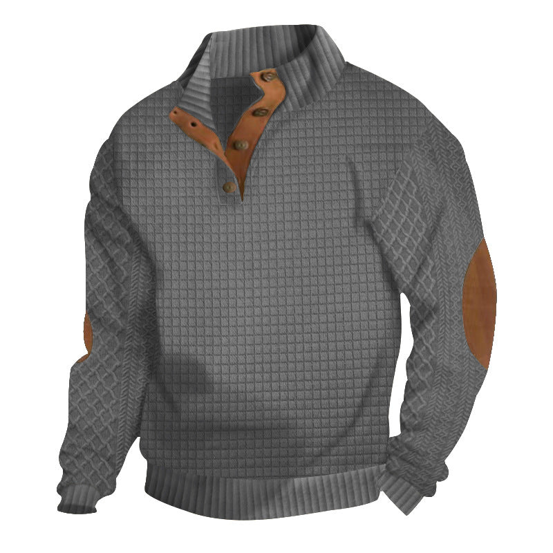 Herren nan Halbknopf-Stehkragenpullover mit Wabenstruktur und Lederbesatz Drune