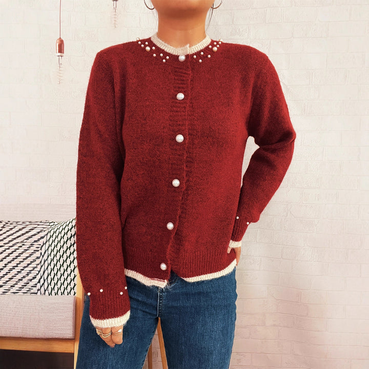 Damen edle Strickjacke mit dekorativen Knopfdetails und Perlenverzierungen Drune