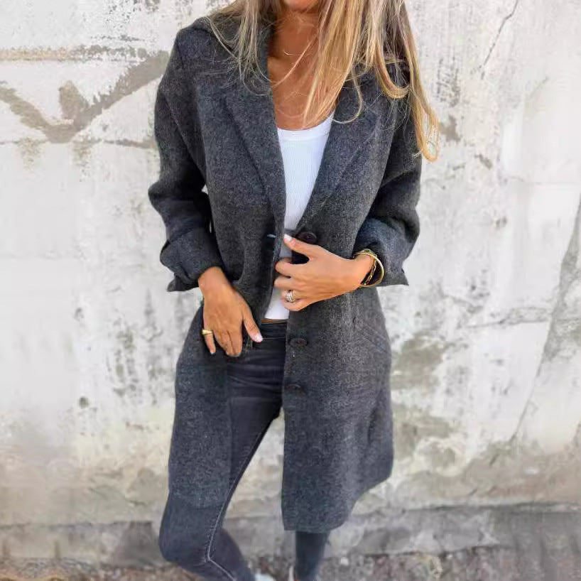 Damen nan Oversize Wollmix-Mantel mit Reverskragen aufgesetzten Taschen geknöpfter Front und umgeschlagenen Ärmeln Drune