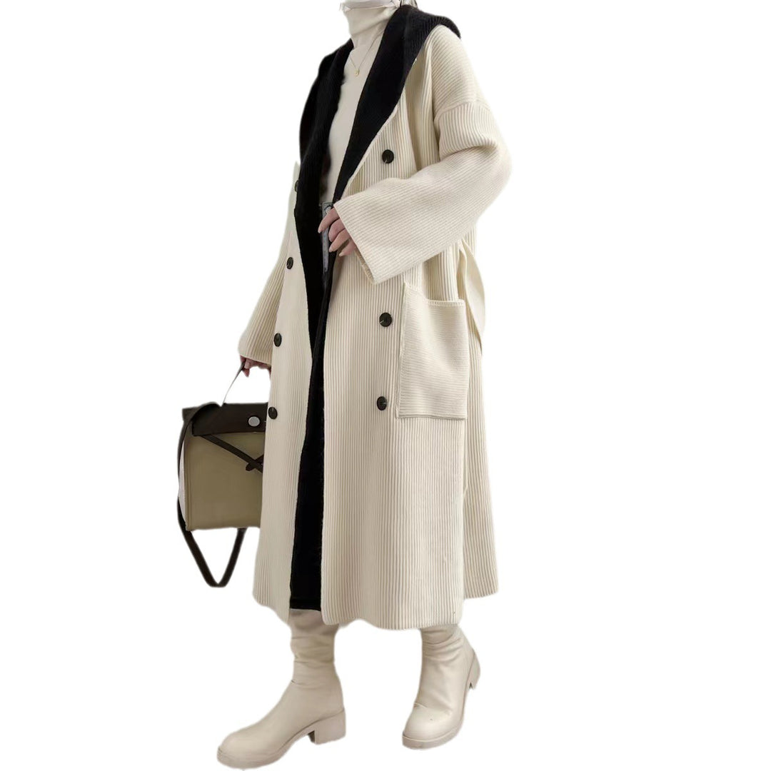 Damen Eleganter langer Mantel mit Gürtel und kontrastierenden Ärmeln Drune