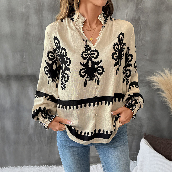 Damen Bluse mit botanischem Druck und Puffärmeln Drune