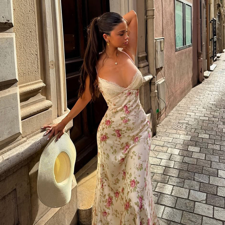 Damen Nachthemd mit elegantem Blumendruck und feinen Spaghettiträgern Drune