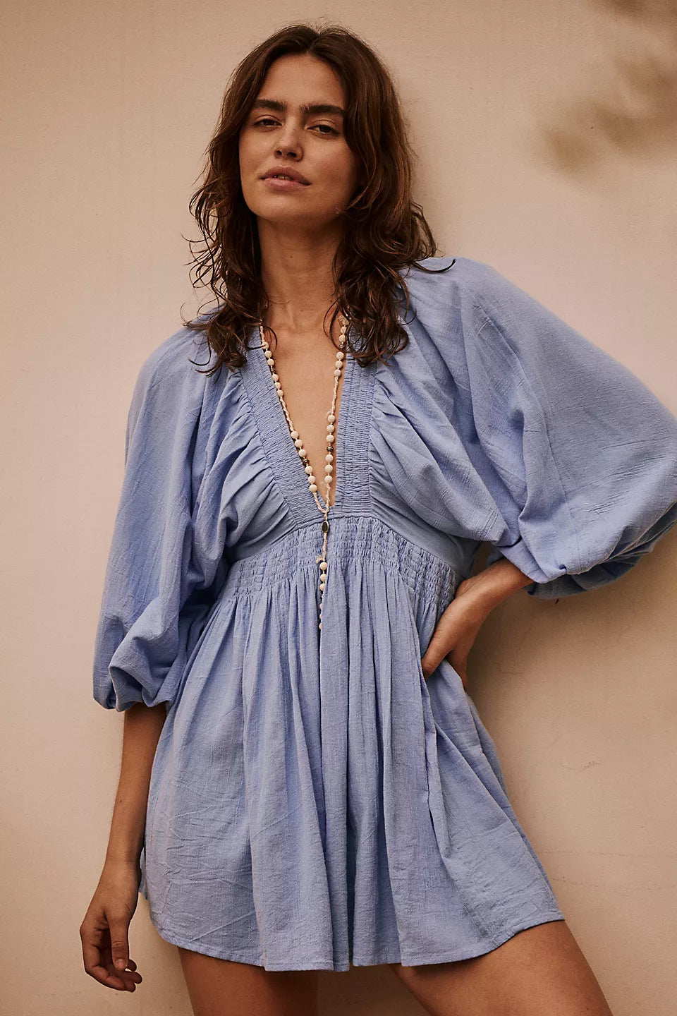 Damen Sommerliches Minikleid mit Puffärmeln und V-Ausschnitt Drune