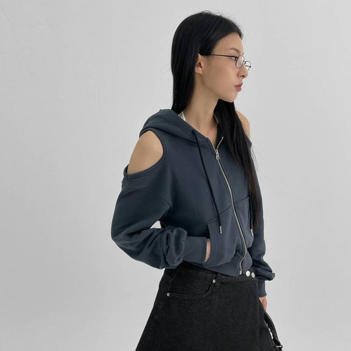 Damen modischer cropped Kapuzenpullover mit Cut-Out-Ärmeln Drune