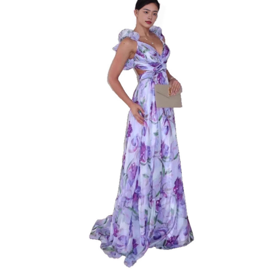 Damen Maxikleid mit blumiger Eleganz und verspielten Rüschendetails Drune