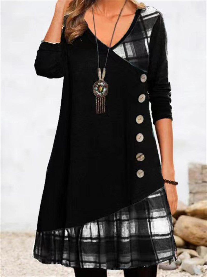 Damen asymmetrisches Freizeitkleid mit kariertem Saum und Knopfdetail Drune