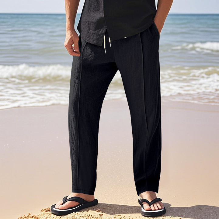 Herren nan relaxed-fit Sommer-Leinenhose mit Bügelfalte elastischem Tunnelzug und Seitentaschen Drune