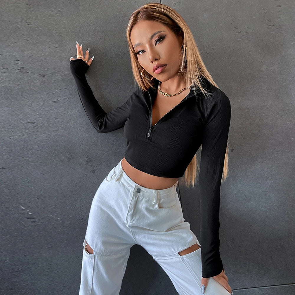 Damen cropped Langarmshirt mit modischem Reißverschluss Drune