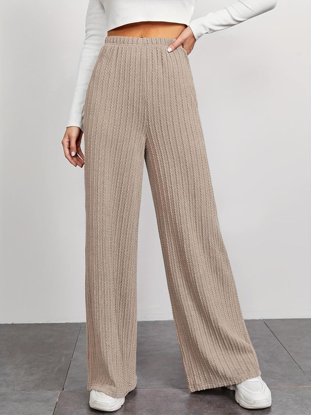 Damen weite Rippstrick-Hose mit hohem Bund und seitlichen Eingrifftaschen Drune