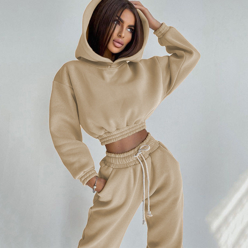 Damen nan Cropped-Hoodie-Loungewear-Set mit elastischem Rippbund, hoher Taillen-Jogginghose und dekorativem Kordelzug Drune