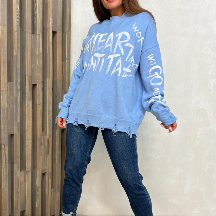 Damen Oversized Sweatshirt mit kreativem Schriftzug und modischen Rissdetails Drune