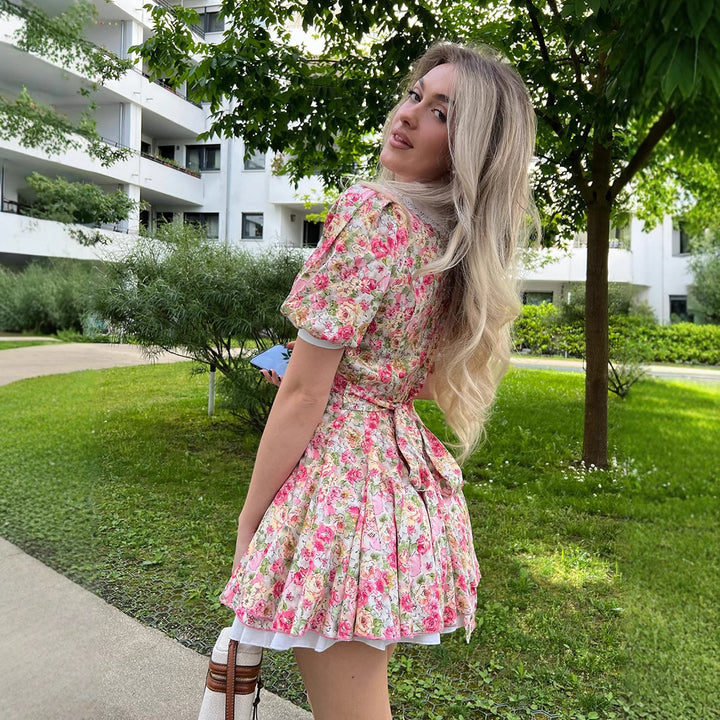 Damen Verspieltes Blumenkleid mit Puffärmeln und Spitzenkragen Drune