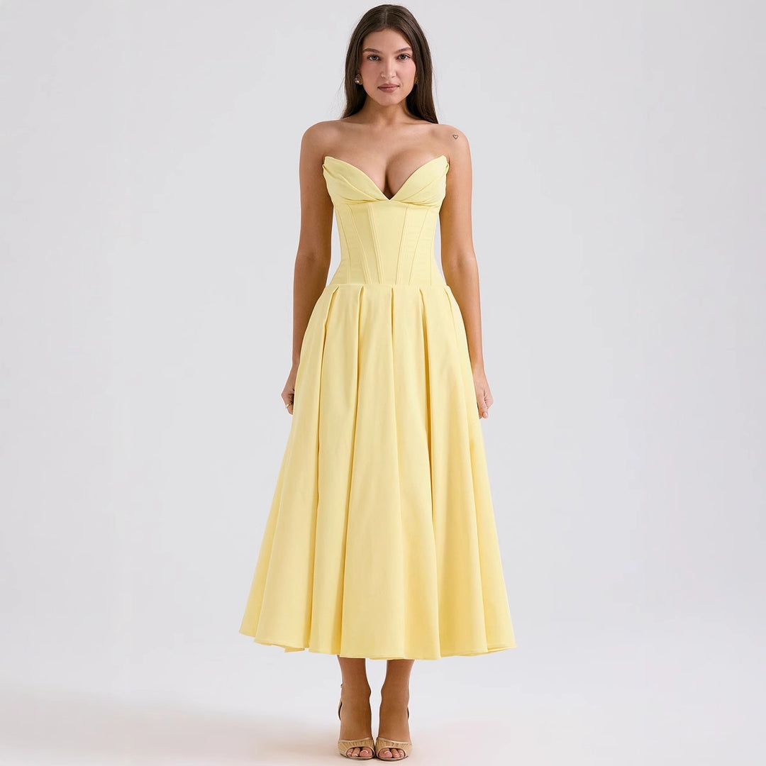 Damen Couture Maxikleid mit elegantem Herz-Ausschnitt und schwingendem Rock Drune