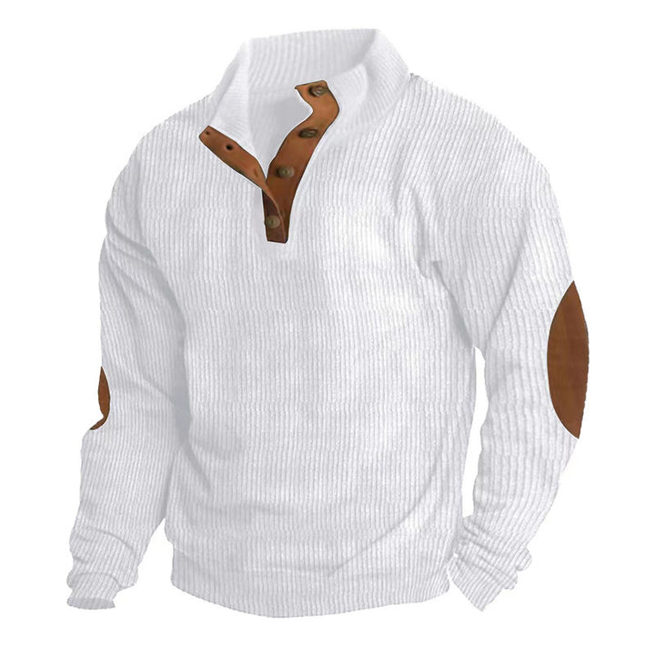 Herren nan rustikaler gerippter Pullover mit Henley-Kragen und lederartigen Ellbogenbesätzen Drune