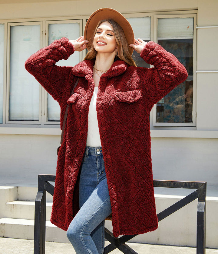 Damen Plüschiger Oversized-Mantel mit großen Taschen und strukturiertem Design Drune