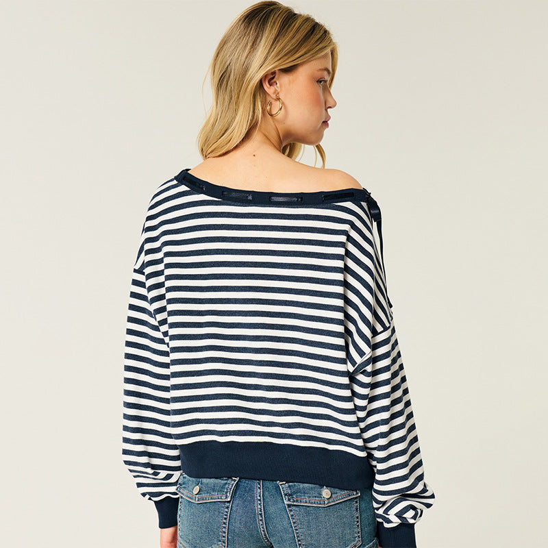 Damen lässiges Off-Shoulder Sweatshirt mit gestreiftem Design Drune
