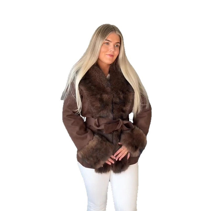 Damen Luxuriöser Kunstfell-Mantel mit Taillengürtel Drune