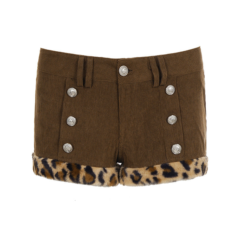 Damen Shorts mit eleganten Knopfdetails und trendigem Leopardenbesatz Drune