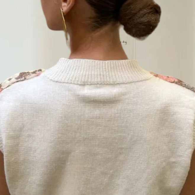 Damen Glamouröses Strickoberteil mit Blumenapplikationen und funkelnden Pailletten Drune