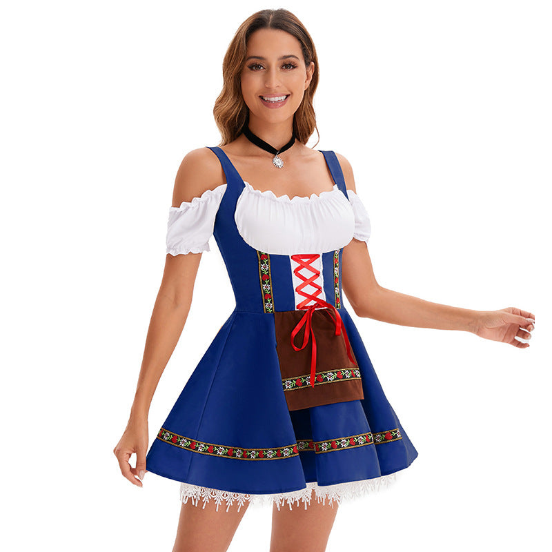 Damen nan kurzes Trachtenkleid im Dirndlstil mit Schnürung, schulterfreiem Carmen-Ausschnitt und Zierschürze Drune