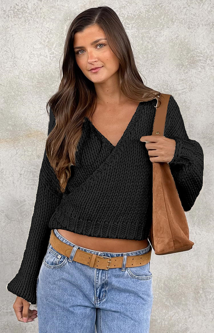 Damen modischer Wickelpullover mit tiefem V-Ausschnitt und voluminösen Ärmeln Drune