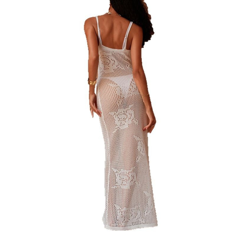 Damen Häkel-Maxi-Kleid mit transparentem Design und floralem Muster Drune