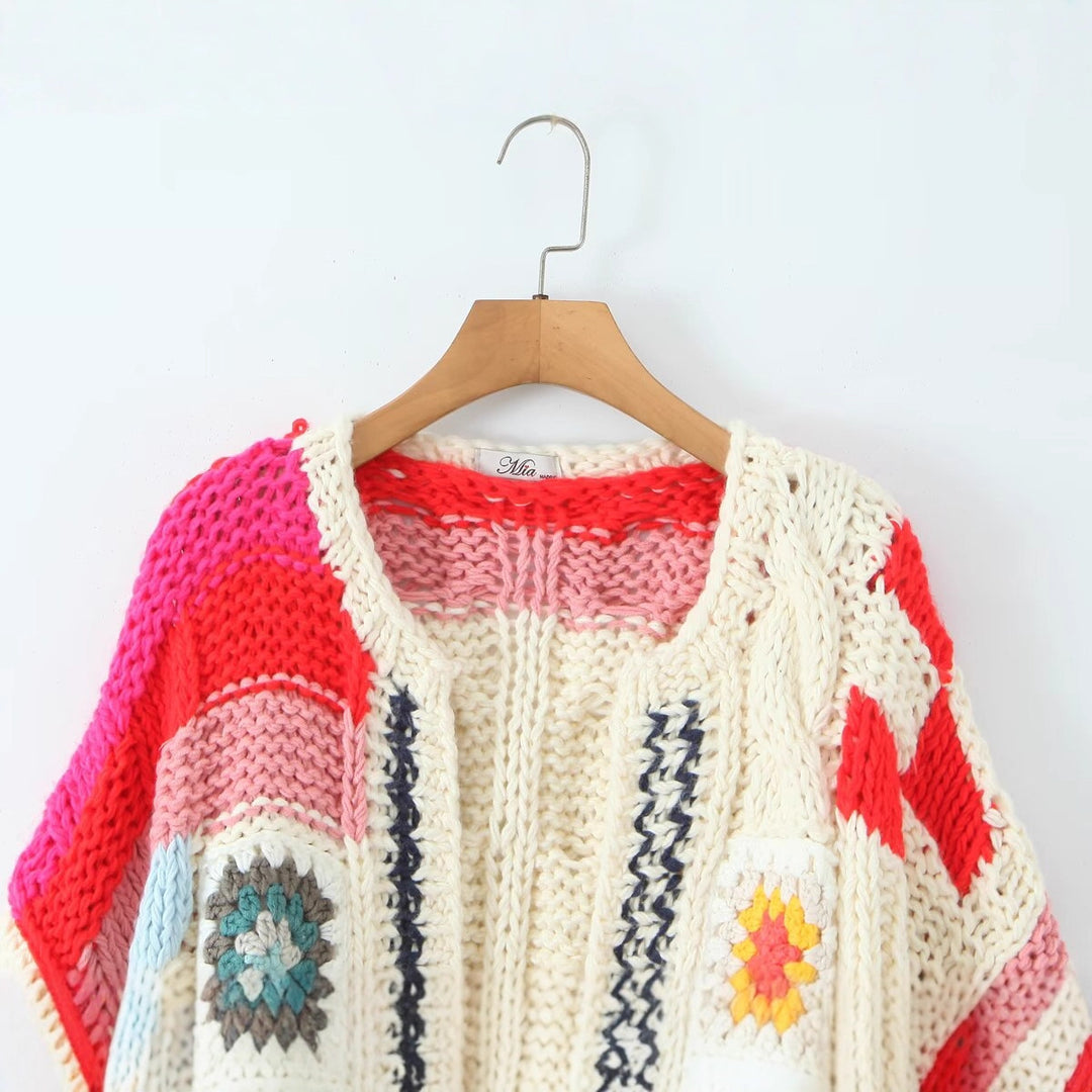 Damen modische Strickjacke mit bunten Häkelmotiven Drune