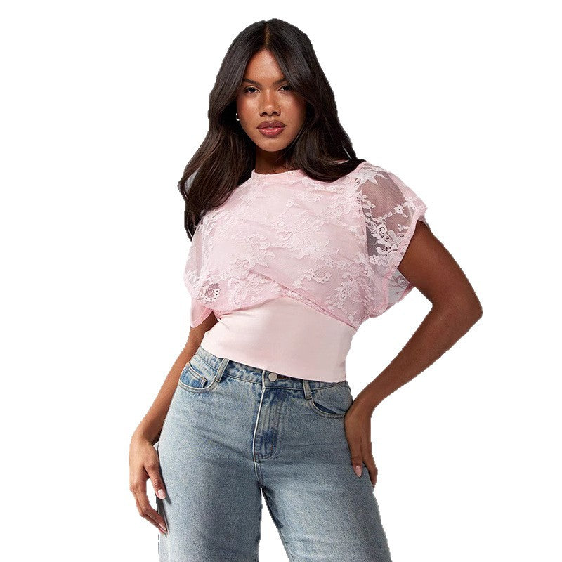 Damen Elegant strukturiertes Oberteil mit Spitzendetails Drune