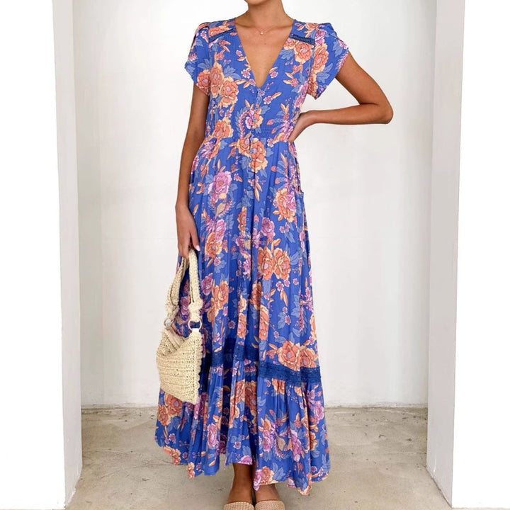 Damen Maxikleid mit elegantem V-Ausschnitt und femininen Rüschendetails Drune