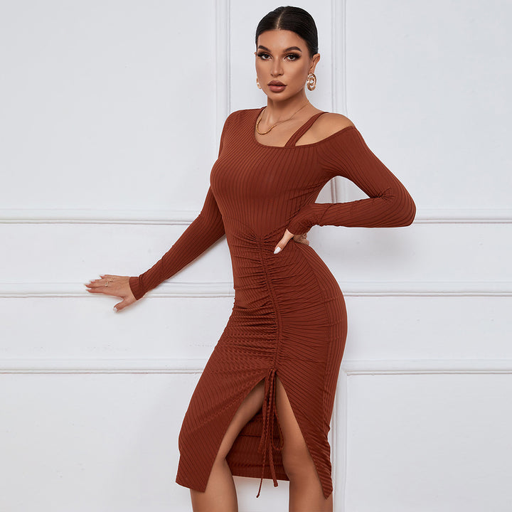 Damen figurbetontes Rippkleid mit One-Shoulder-Ausschnitt und raffinierter Raffung Drune