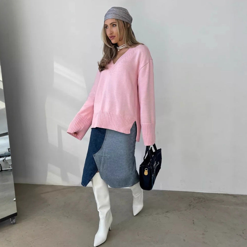 Damen nan oversized Feinstrickpullover mit tiefem V-Ausschnitt, gerippten Bündchen und lockerer Silhouette Drune