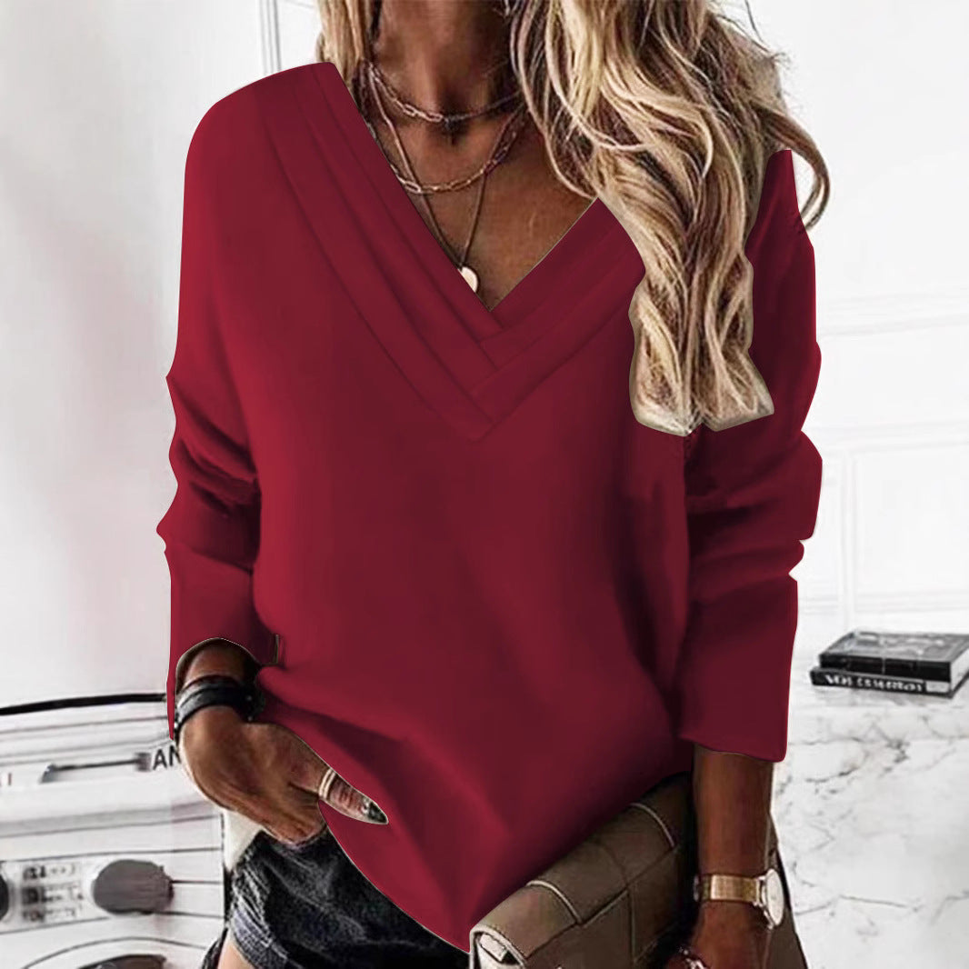 Damen Lässiges V-Ausschnitt Pullover mit eleganten Falten Drune