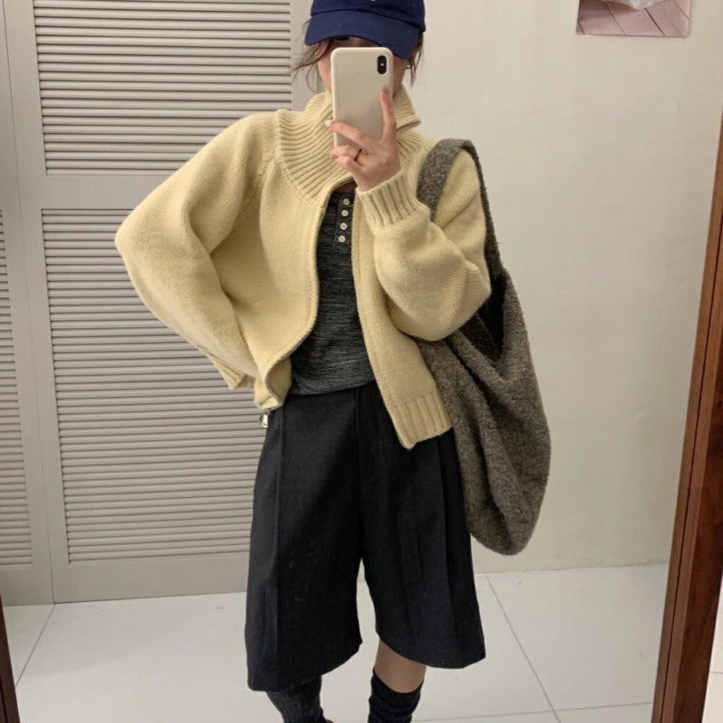 Damen Grobstrickjacke mit hohen Kragen und praktischem Reißverschluss Drune
