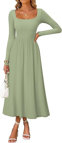 Damen Elegantes Midi-Kleid mit Quadratausschnitt und langen Ärmeln Drune