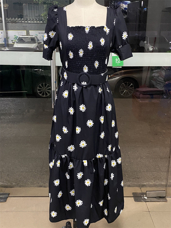 Drune | Bedrucktes, taillenbetontes U-Ausschnitt Elegantes Kleid