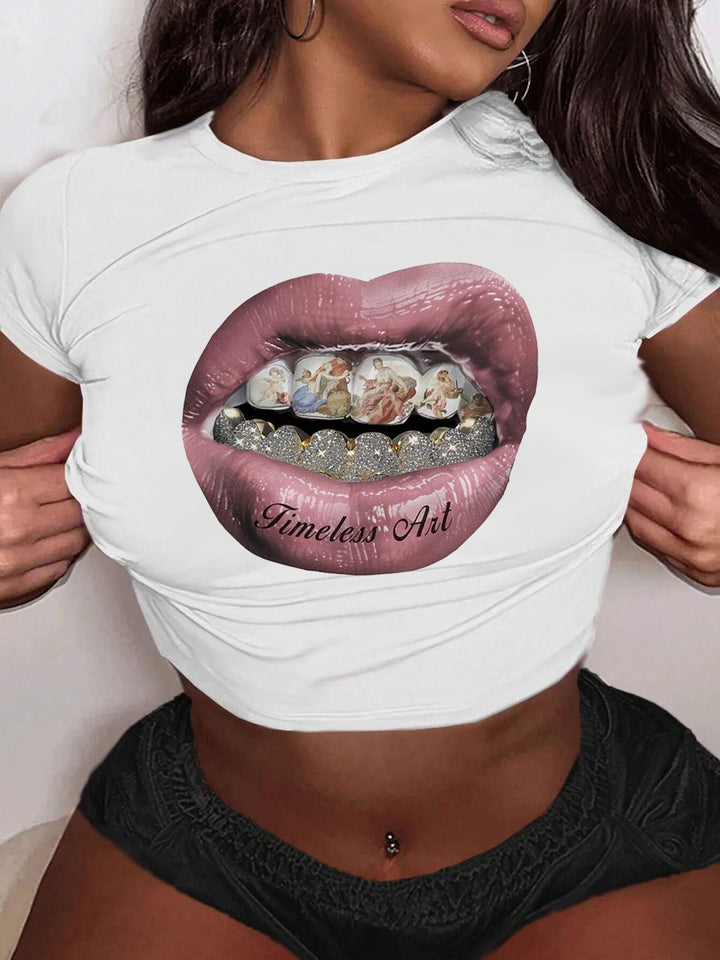 Damen Crop-T-Shirt mit künstlerischem Lippenmotiv und kreativem Druck Drune