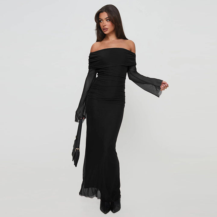 Damen figurbetontes Maxikleid mit schulterfreiem Design und Rüschendetails Drune